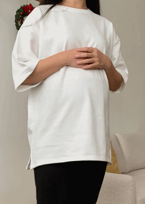 국내생산 도톰기모 반팔티 임부복 루즈핏 레이어드 기본 롱 라운드티셔츠
