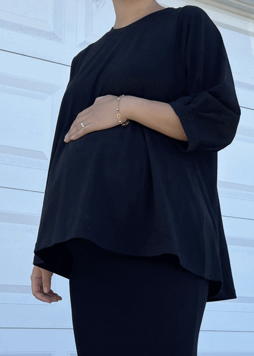 (당일출고) 7부 퍼프 플레어티셔츠 임부복 상의 a라인 맘룩 등원룩 라운드티 (블랙, 크림)